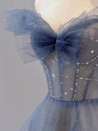 Blue Tulle Off Shoulder Long Classy Prom Dress, Blue Tulle Classy Dress