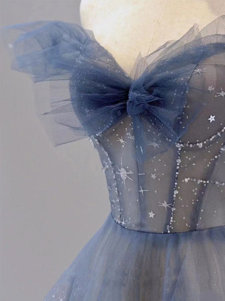 Blue Tulle Off Shoulder Long Classy Prom Dress, Blue Tulle Classy Dress
