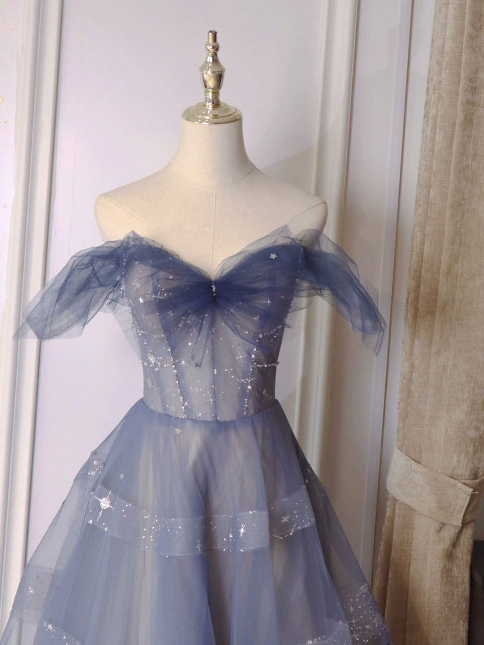 Blue Tulle Off Shoulder Long Classy Prom Dress, Blue Tulle Classy Dress
