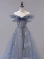 Blue Tulle Off Shoulder Long Classy Prom Dress, Blue Tulle Classy Dress