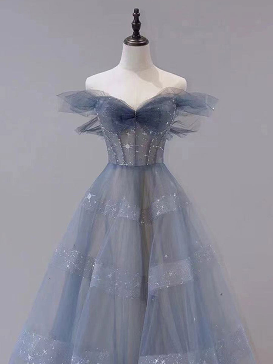 Blue Tulle Off Shoulder Long Classy Prom Dress, Blue Tulle Classy Dress