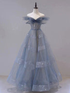 Blue Tulle Off Shoulder Long Classy Prom Dress, Blue Tulle Classy Dress