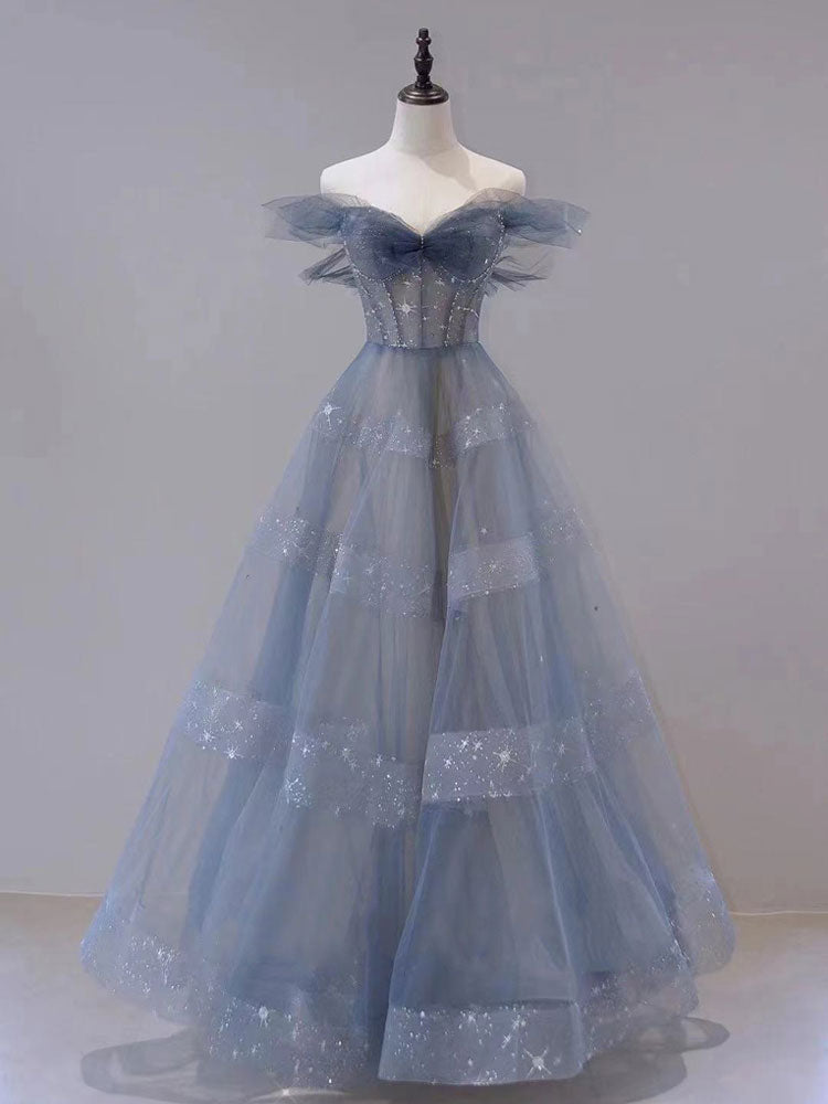 Blue Tulle Off Shoulder Long Classy Prom Dress, Blue Tulle Classy Dress