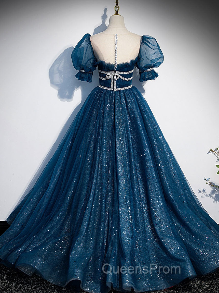 Blue Tulle Off Shoulder Long Evening Prom Dress, Blue Tulle Evening Dress