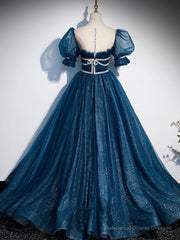 Blue Tulle Off Shoulder Long Prom Dress, Blue Tulle Formal Dress