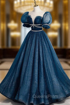 Blue Tulle Off Shoulder Long Evening Prom Dress, Blue Tulle Evening Dress