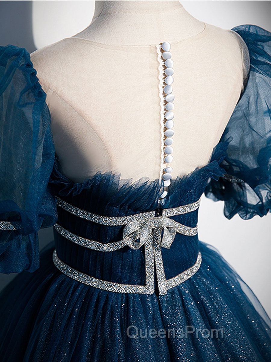 Blue Tulle Off Shoulder Long Evening Prom Dress, Blue Tulle Evening Dress