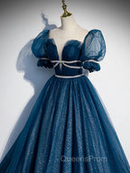Blue Tulle Off Shoulder Long Evening Prom Dress, Blue Tulle Evening Dress