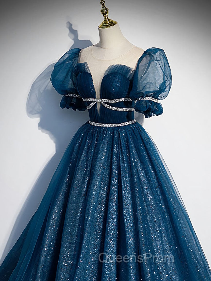 Blue Tulle Off Shoulder Long Evening Prom Dress, Blue Tulle Evening Dress