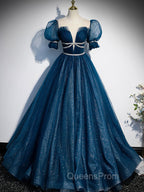 Blue Tulle Off Shoulder Long Evening Prom Dress, Blue Tulle Evening Dress