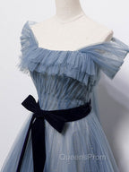 Blue Tulle Off Shoulder Sequin Long Evening Prom Dress Blue Evening Dress