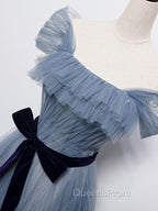 Blue Tulle Off Shoulder Sequin Long Evening Prom Dress Blue Evening Dress