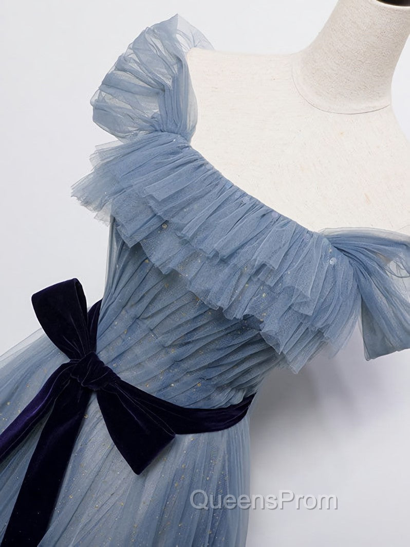 Blue Tulle Off Shoulder Sequin Long Evening Prom Dress Blue Evening Dress