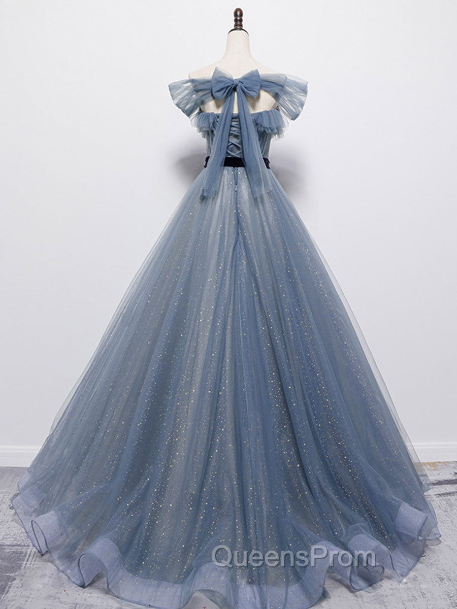 Blue Tulle Off Shoulder Sequin Long Evening Prom Dress Blue Evening Dress