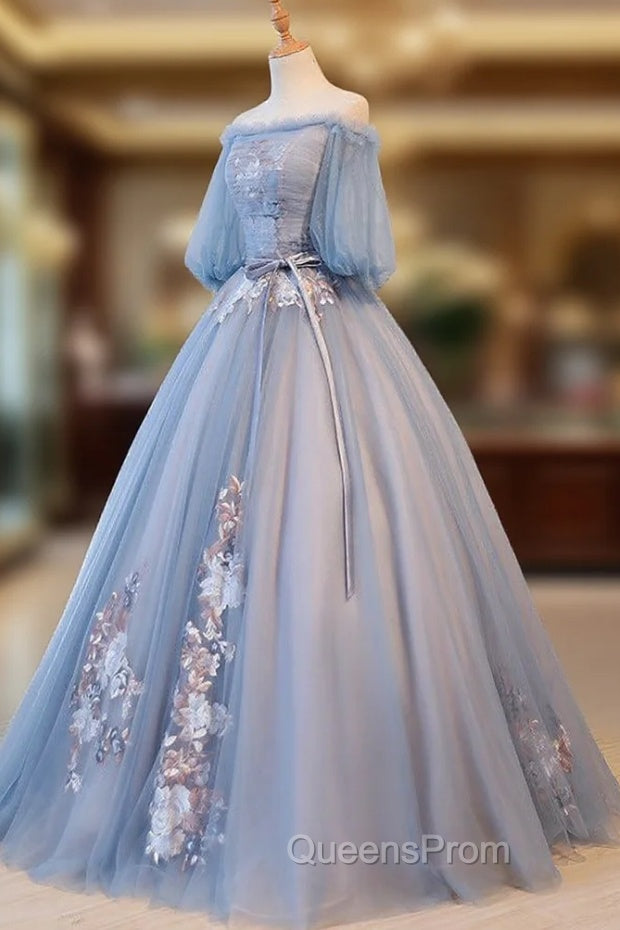 Blue Tulle Off Shoulder with Lace Floral Long Party Dress, Cute Party Dress Evening Prom Dress Secondary image