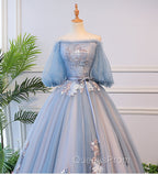 Blue Tulle Off Shoulder with Lace Floral Long Party Dress, Cute Party Dress Evening Prom Dress