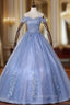 Blue Tulle Off the Shoulder Appliques Beading Quinceanera Dress