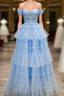 Blue Tulle Off the Shoulder Appliques Tiers Evening Prom Dress
