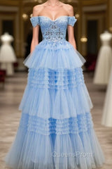 Blue Tulle Off the Shoulder Appliques Tiers Evening Prom Dress
