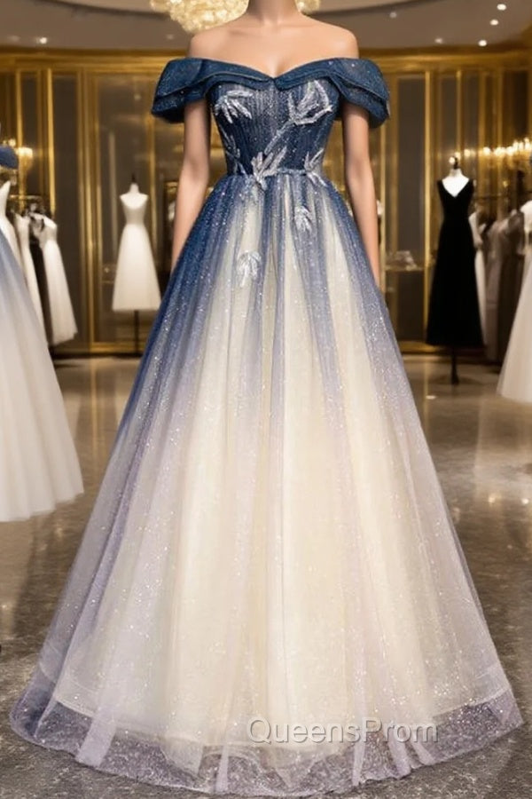 Blue Tulle Off the Shoulder Beading Pleats Evening Prom Dress