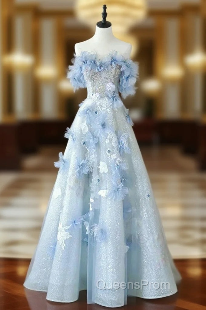Blue Tulle Off the Shoulder Flower Evening Prom Dress