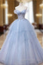 Blue Tulle Off the Shoulder Lace Beading Evening Prom Dress