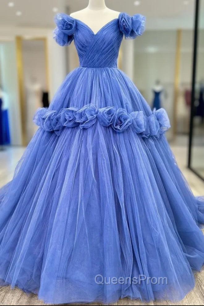 Blue Tulle Off the Shoulder Pleats Flower Evening Prom Dress