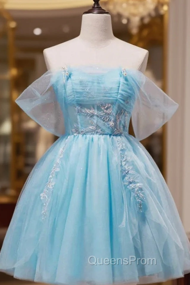 Blue Tulle Off the Shoulder Pleats Homecoming Dress