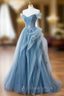 Blue Tulle Off the Shoulder Pleats Evening Prom Dress