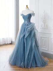 Blue Tulle Off the Shoulder Pleats Prom Dress