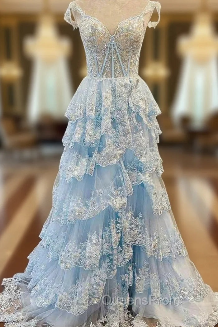 Blue Tulle Off the Shoulder Sequins Appliques Evening Prom Dress