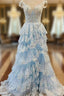 Blue Tulle Off the Shoulder Sequins Appliques Evening Prom Dress