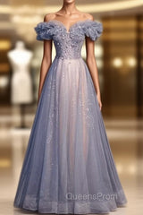 Blue Tulle Off the Shoulder Sequins Beading Evening Prom Dress