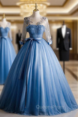 Blue Tulle Pleats Appliques Long Sleeve Quinceanera Dress