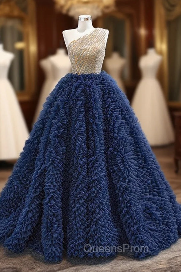 Blue Tulle Pleats One Shoulder Beading Evening Prom Dress