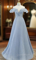 Blue Tulle Pleats Sequins Off the Shoulder Evening Prom Dress