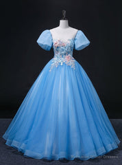 Blue Tulle Puff Sleeve Appliques Quinceanera Dress