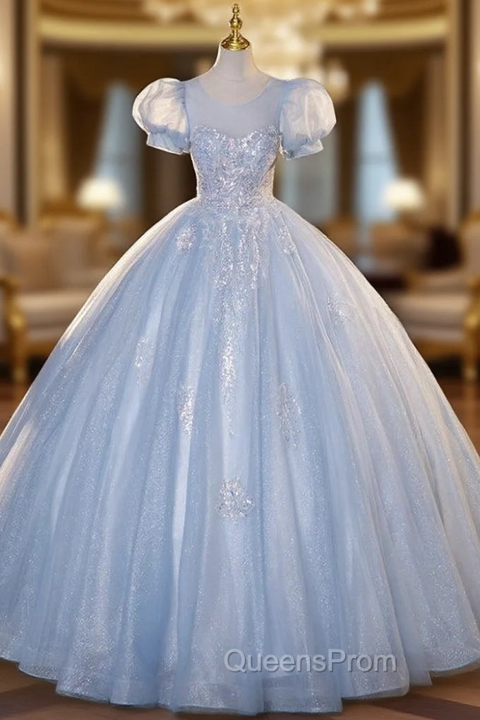 Blue Tulle Puff Sleeve Backless Sequins Quinceanera Dress