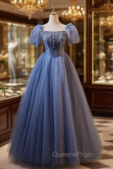Blue Tulle Puff Sleeve Beading Evening Prom Dress