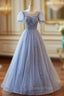 Blue Tulle Puff Sleeve Beading Sequins Evening Prom Dress