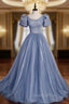 Blue Tulle Puff Sleeve Pearls Evening Prom Dress