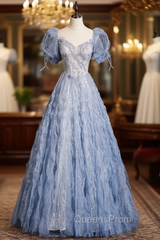 Blue Tulle Puff Sleeve Sequins Beading Evening Prom Dress