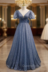 Blue Tulle Puff Sleeve Wave Point Evening Prom Dress
