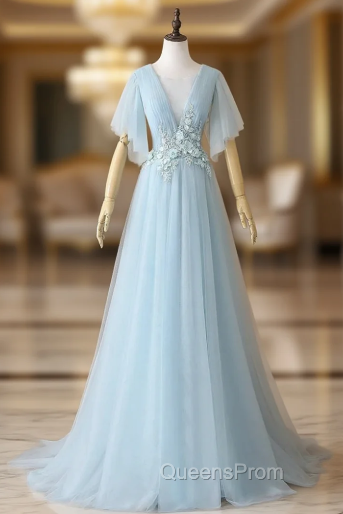 Blue Tulle See Through Neck Appliques Pleats Evening Prom Dress
