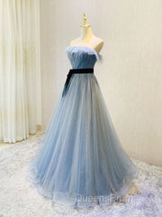 Blue Tulle Sequin Long Evening Prom Dress A Line Tulle Blue Evening Dress