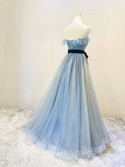 Blue Tulle Sequin Long Evening Prom Dress A Line Tulle Blue Evening Dress