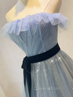 Blue Tulle Sequin Long Evening Prom Dress A Line Tulle Blue Evening Dress