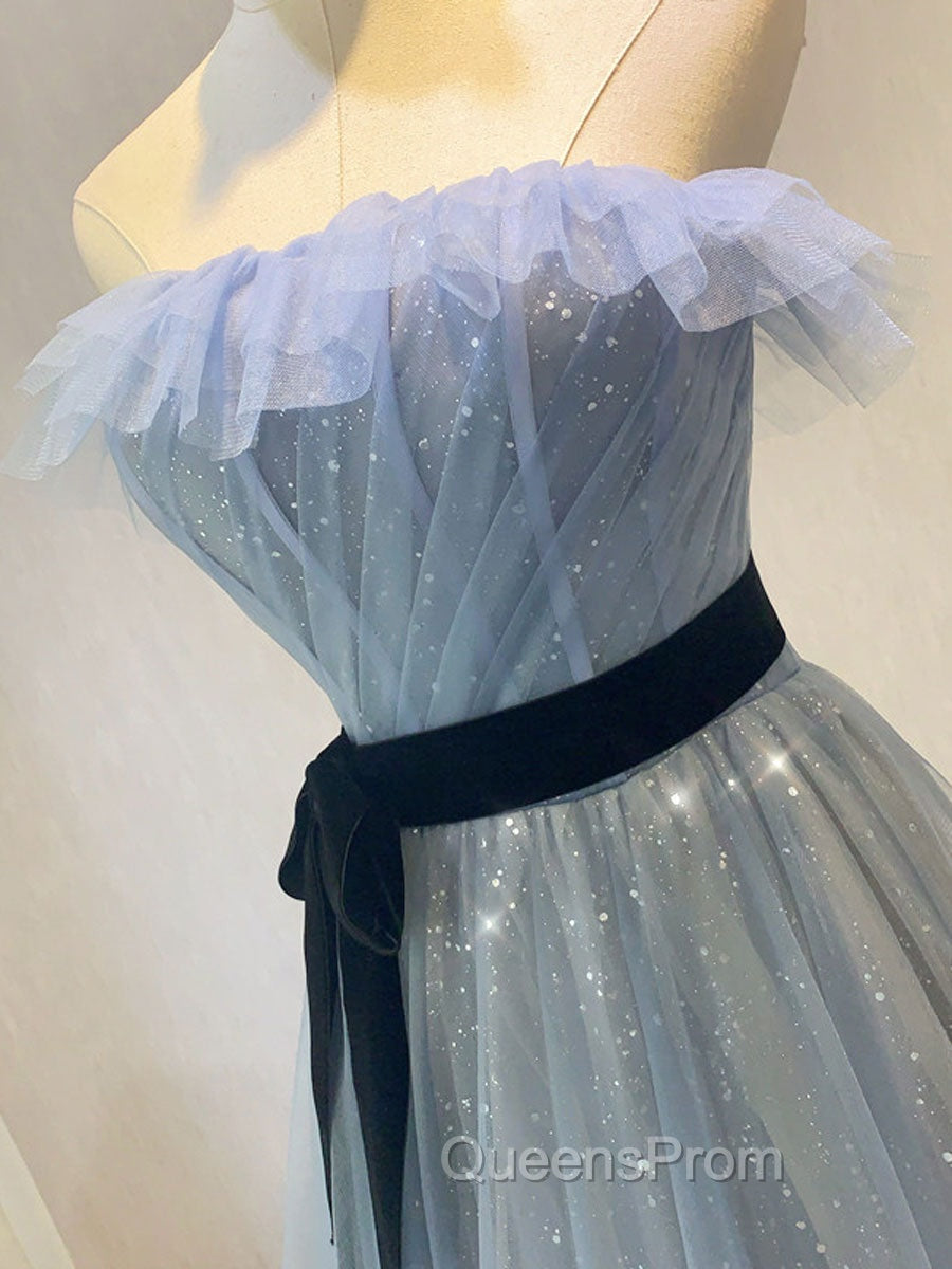 Blue Tulle Sequin Long Evening Prom Dress A Line Tulle Blue Evening Dress