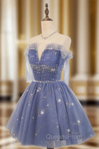 Blue Tulle Sequin Short Evening Prom Dress, Puffy Blue Homecoming Dress