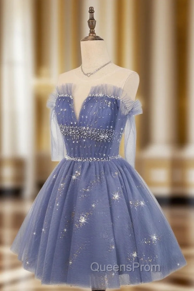 Blue Tulle Sequin Short Evening Prom Dress, Puffy Blue Homecoming Dress